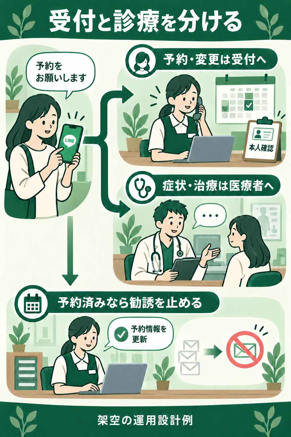 予約や変更は受付、症状や治療の判断は医療者へ分け、予約済みの人への勧誘を止める運用の概念図
