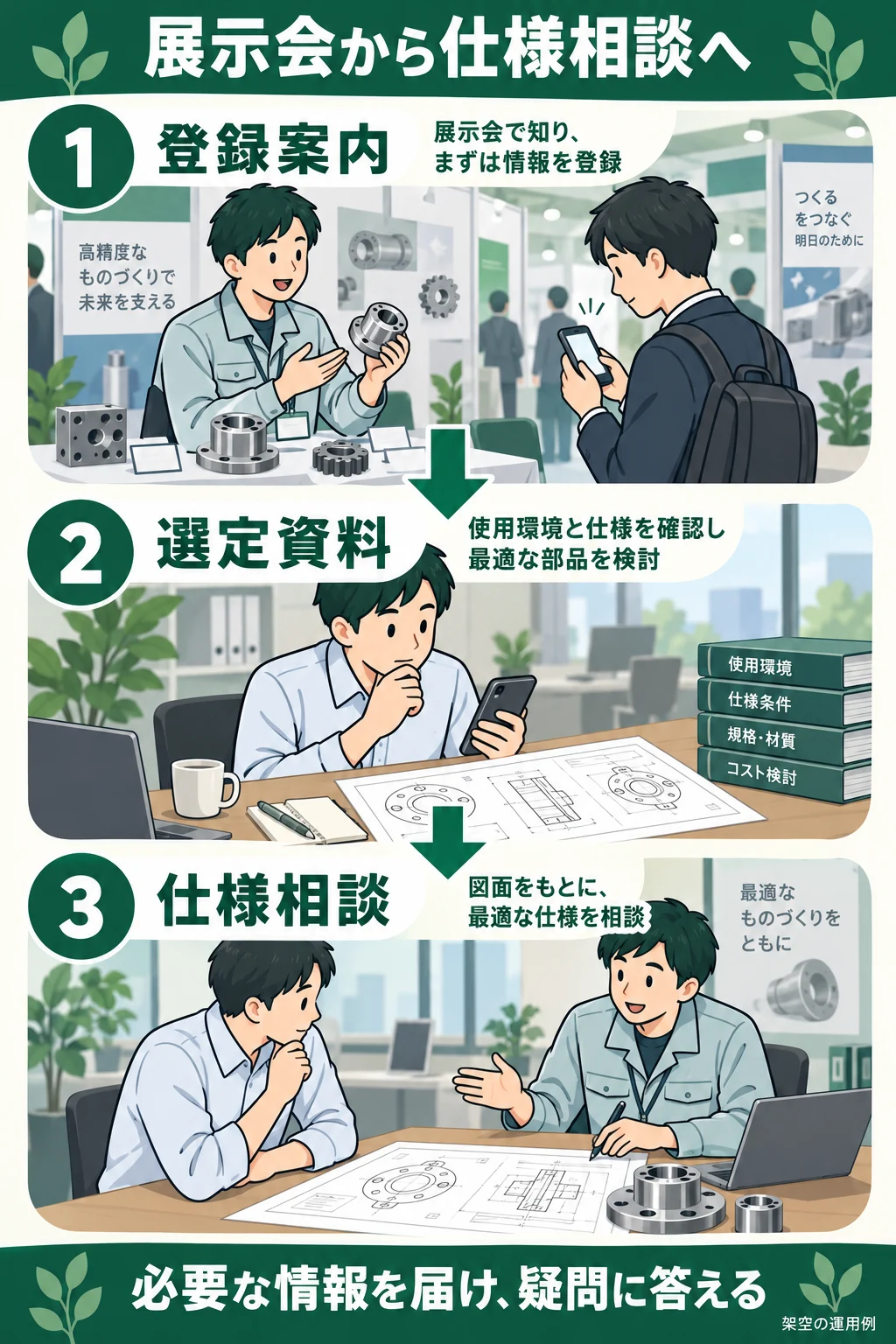 展示会での登録案内、選定資料の配信、仕様相談の受付をつなぐ製造業の架空例。