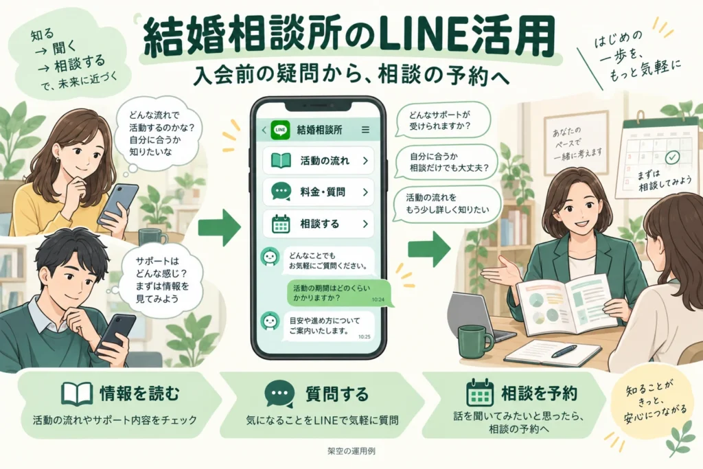 結婚相談所のLINEで入会前の疑問に答え、担当者への相談につなぐ。架空の運用例。
