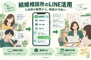 結婚相談所のLINEで入会前の疑問に答え、担当者への相談につなぐ。架空の運用例。