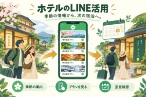 ホテルのLINEで季節の情報を届け、次の宿泊プランと空室確認につなぐ。架空の運用例。