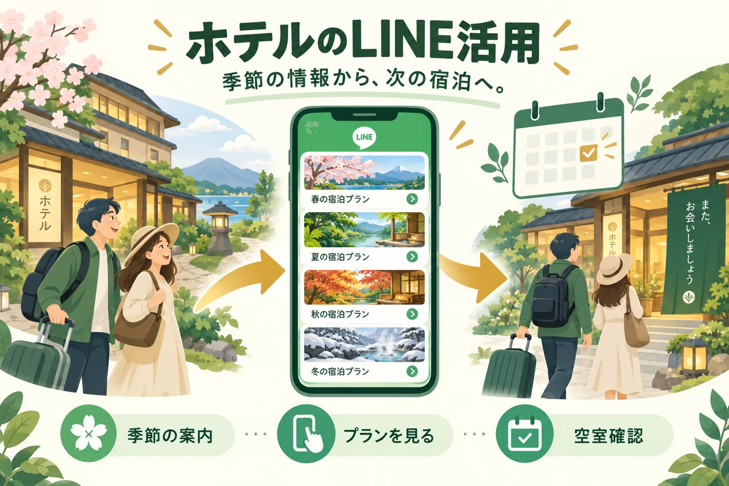 ホテルのLINEで季節の情報を届け、次の宿泊プランと空室確認につなぐ。架空の運用例。