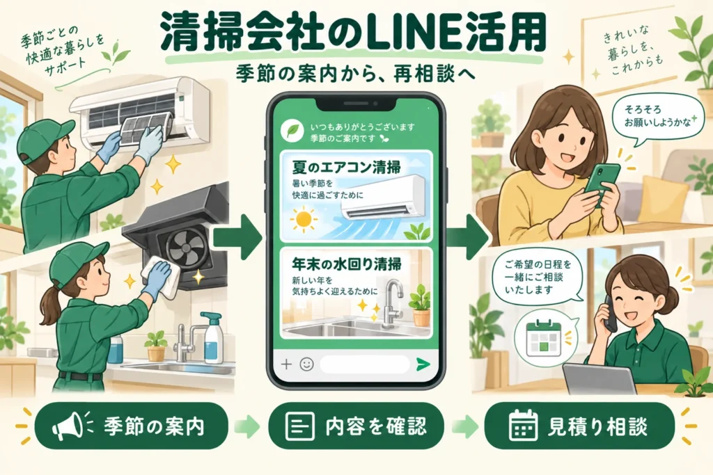 ハウスクリーニング会社が季節の清掃情報をLINEで届け、以前利用した方の再相談につなぐ。架空の運用例。