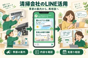 ハウスクリーニング会社が季節の清掃情報をLINEで届け、以前利用した方の再相談につなぐ。架空の運用例。