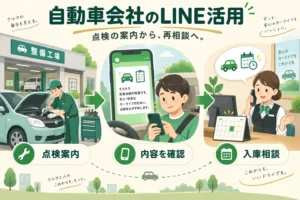 自動車販売・整備会社のLINEで点検案内を届け、作業内容の確認と入庫希望の相談につなぐ。架空の運用例。