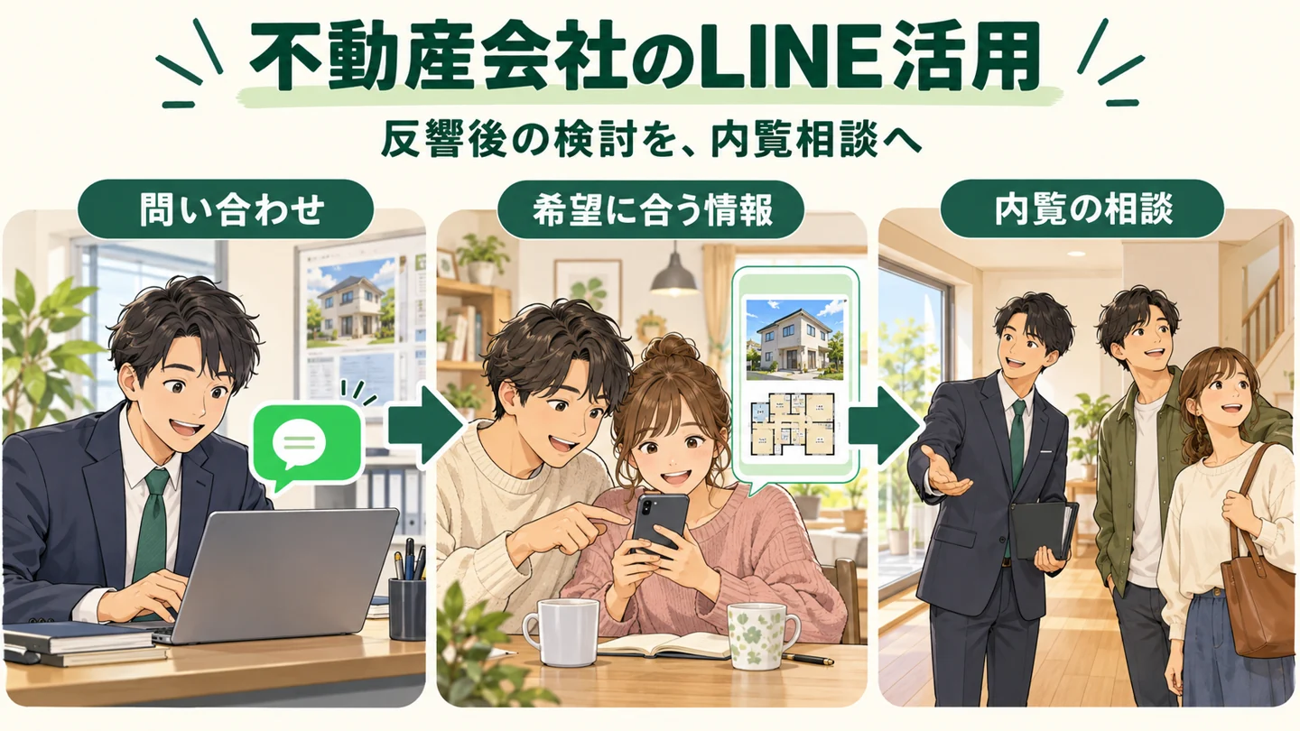 不動産会社のLINE活用：問い合わせ後に希望に合う情報を届け、内覧の相談につなぐ。