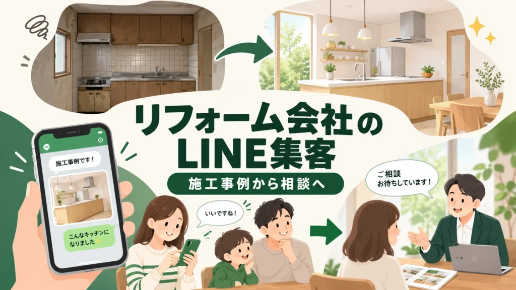 施工前後のキッチン事例をLINEで届け、相談につなげるリフォーム会社の集客イメージ。生成した架空例