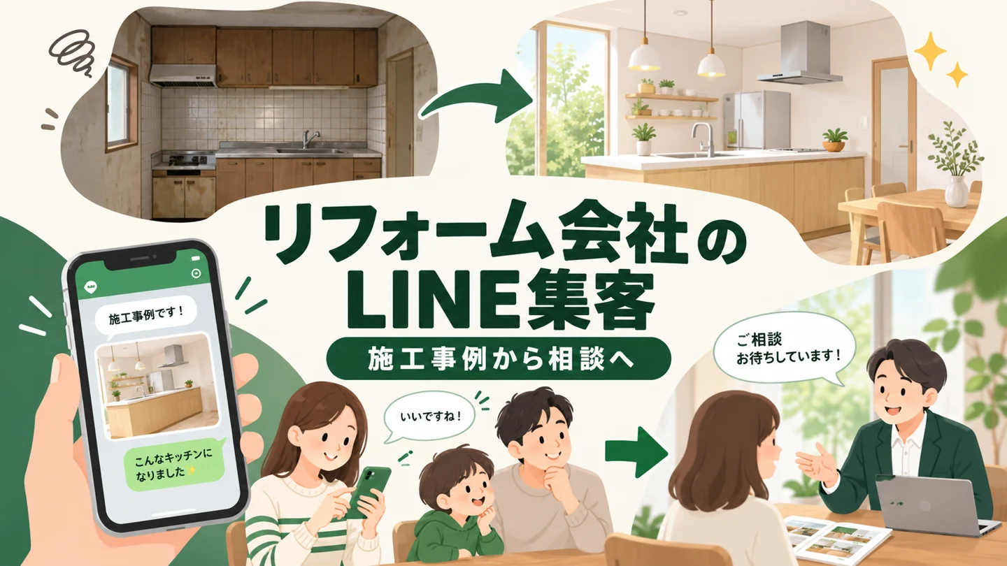施工前後のキッチン事例をLINEで届け、相談につなげるリフォーム会社の集客イメージ。生成した架空例