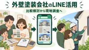 外壁塗装を比較する家族にLINEで判断材料を届け、現地調査につなぐ生成イメージ