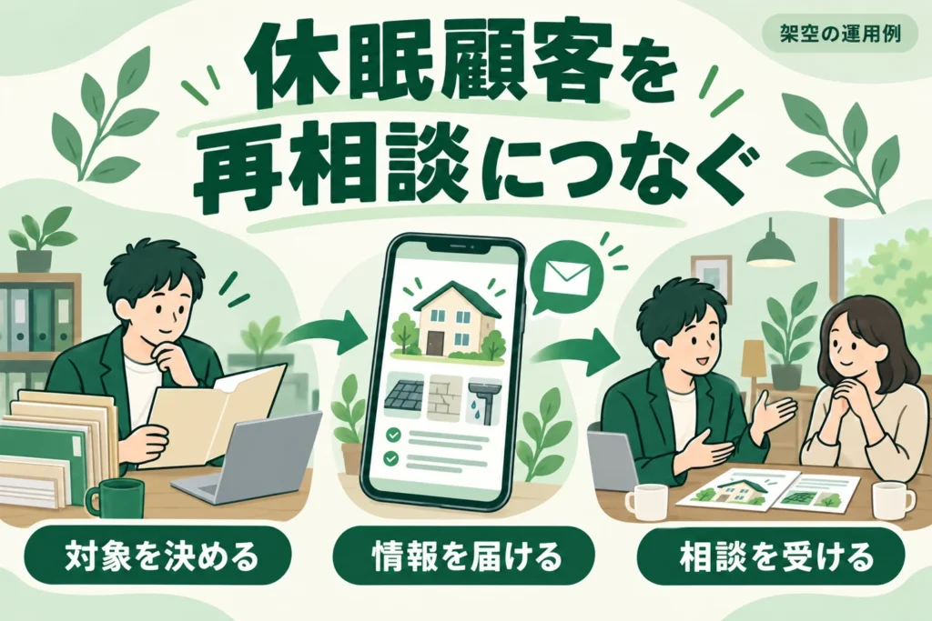 過去の顧客から対象を決め、役立つ情報を届けて再相談を受ける架空例。