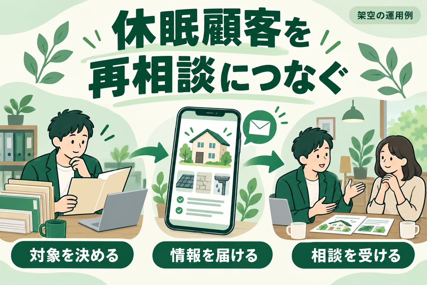 過去の顧客から対象を決め、役立つ情報を届けて再相談を受ける架空例。