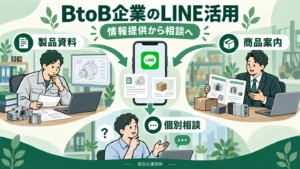 製造業と卸売業が役立つ資料・商品情報を届け、取引先の相談につなげる架空例。