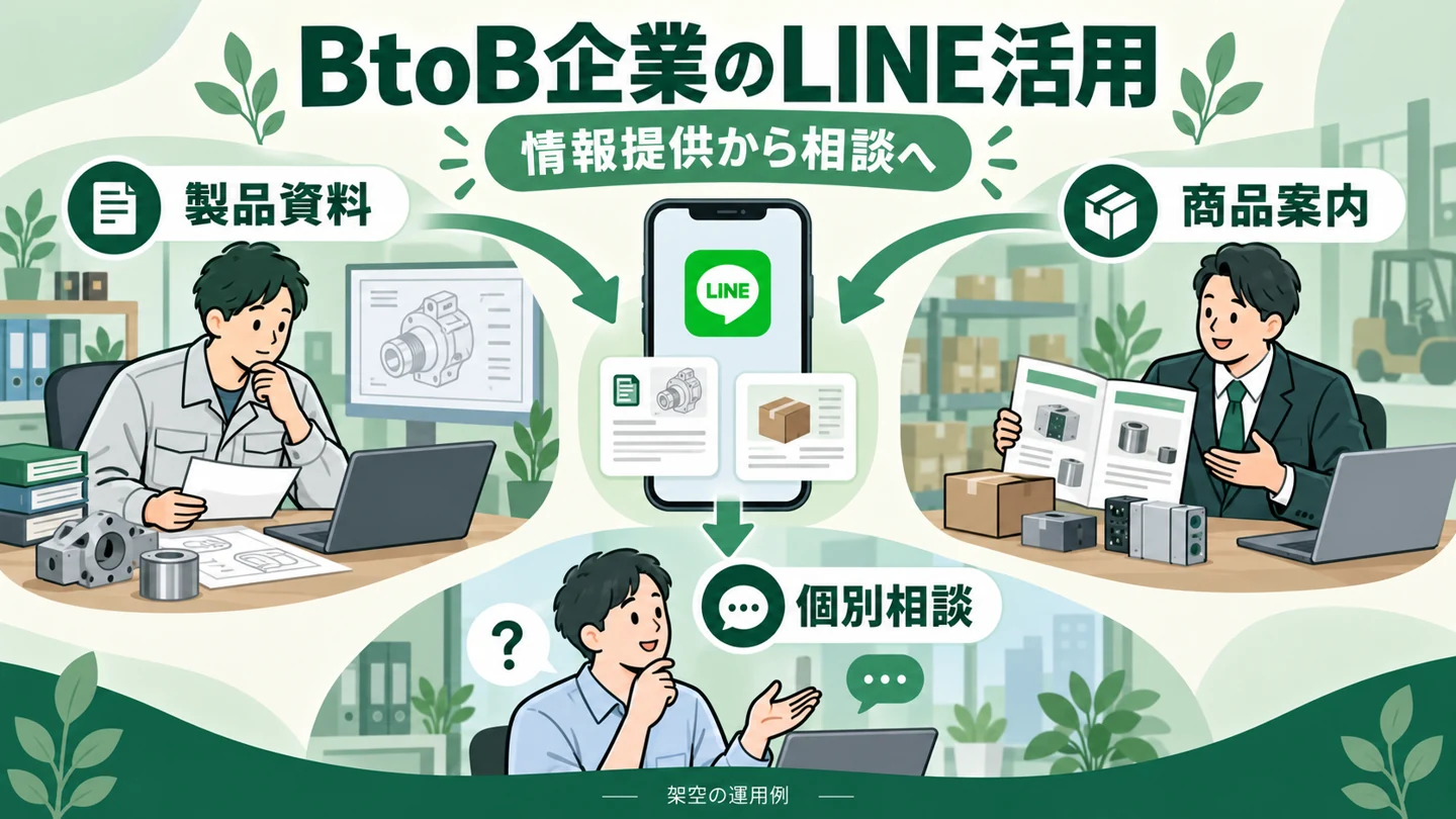 製造業と卸売業が役立つ資料・商品情報を届け、取引先の相談につなげる架空例。