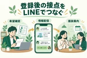 人材紹介・派遣会社がLINEで登録者との接点をつなぐイメージ。架空の運用例。