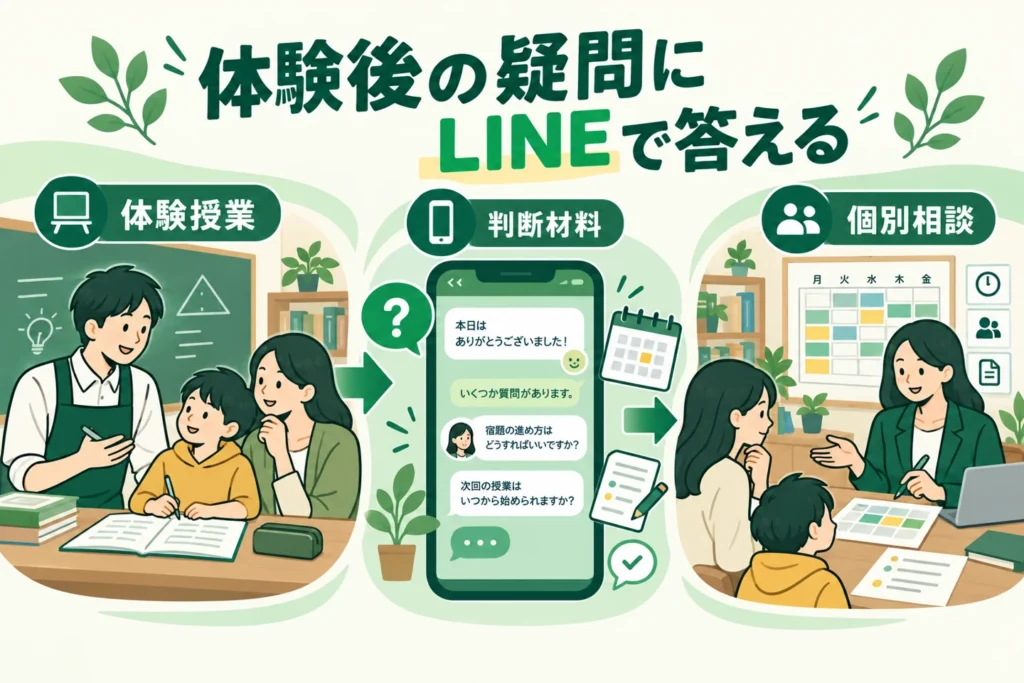 体験授業から保護者の相談へつなぐ学習塾のLINE活用。架空の運用例。
