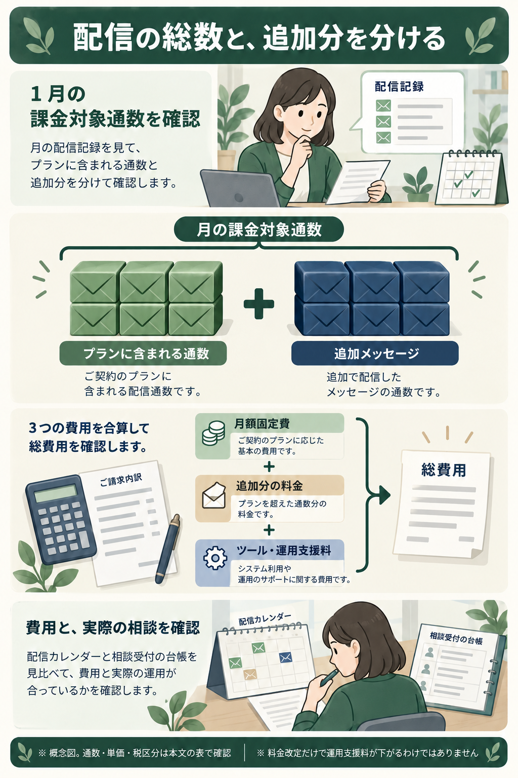 月の課金対象総通数をプラン内通数と追加分に分け、固定費・追加料金・支援料と実相談を確認する図