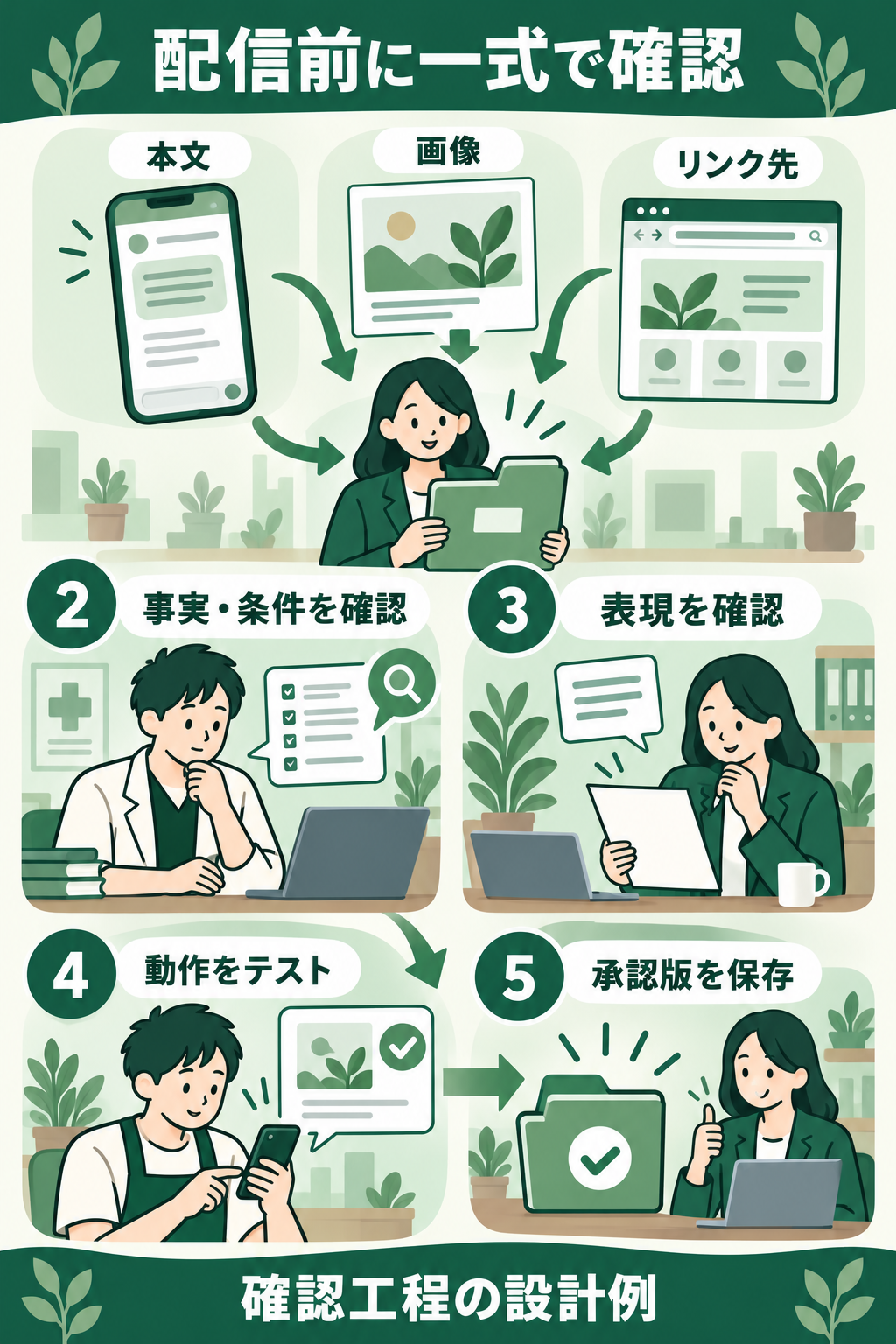 本文・画像・リンク先をそろえ、事実と条件、表現、スマホ表示を確認して承認版を保存する工程