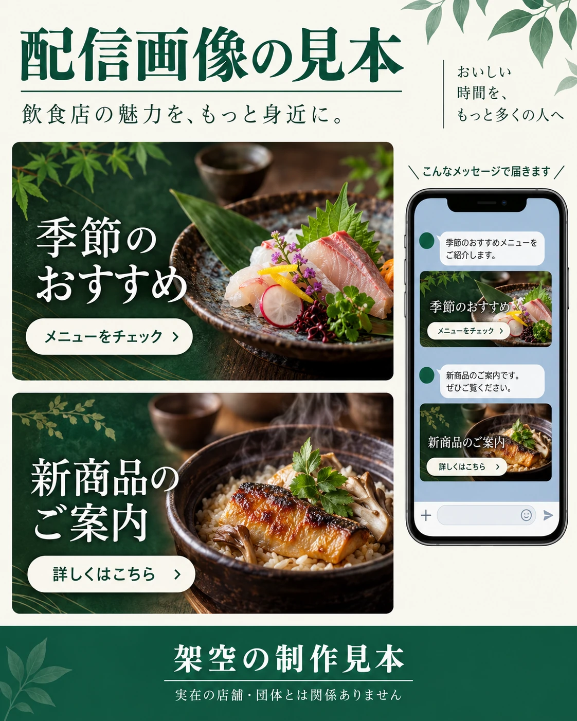 架空の飲食店向けに作成するおすすめ案内と新商品紹介の配信画像の見本