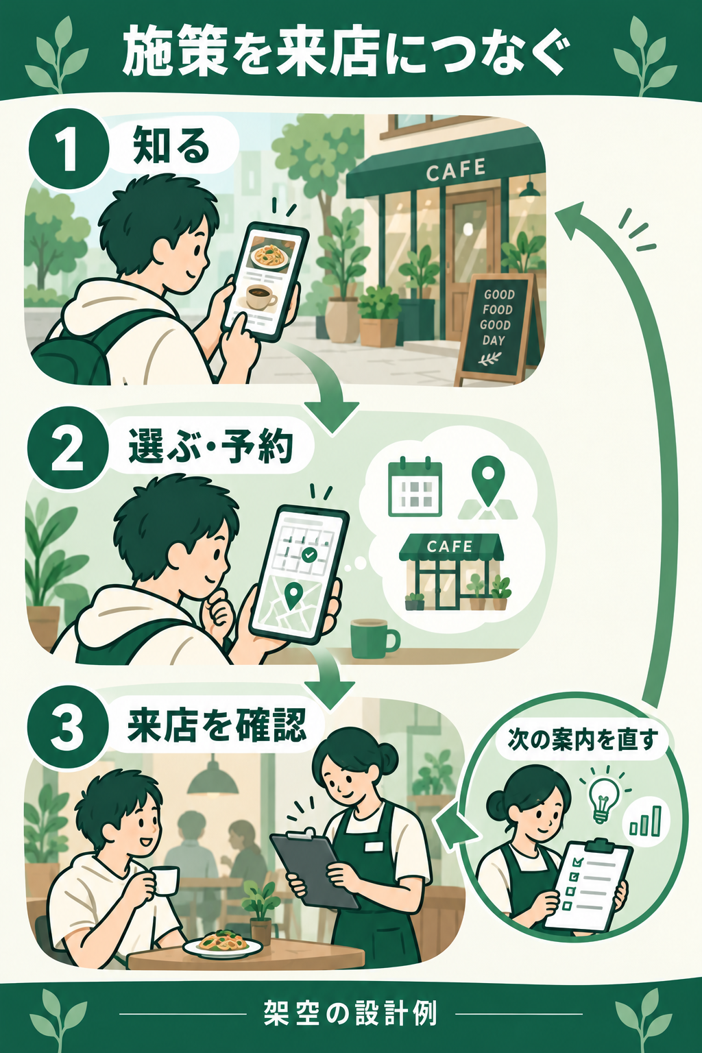 料理や店を知る接点から、日時・場所の確認、予約、実来店の確認へつなぐ飲食店の導線図