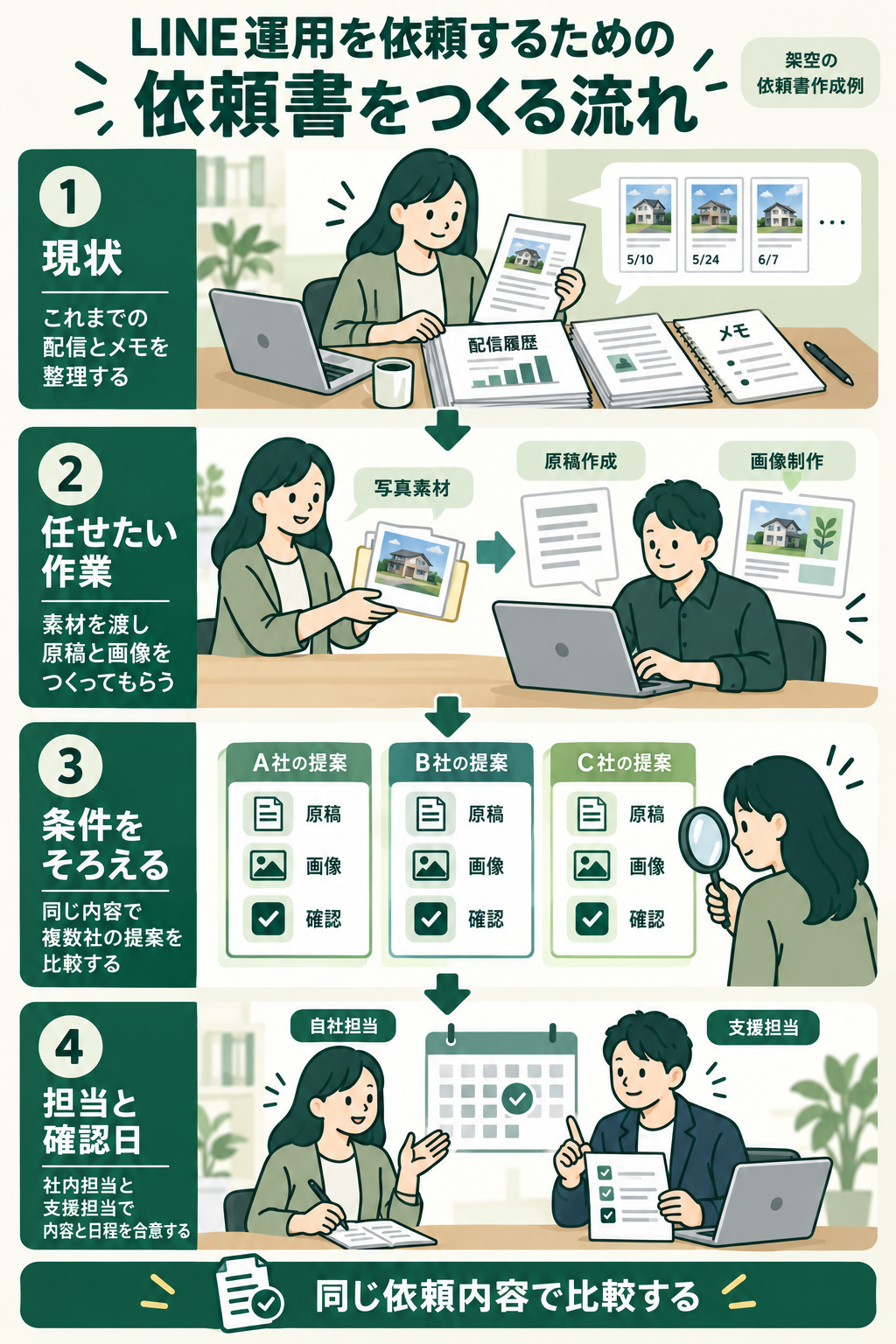 依頼する作業と自社の担当、比較条件をそろえて提案を確認する流れ