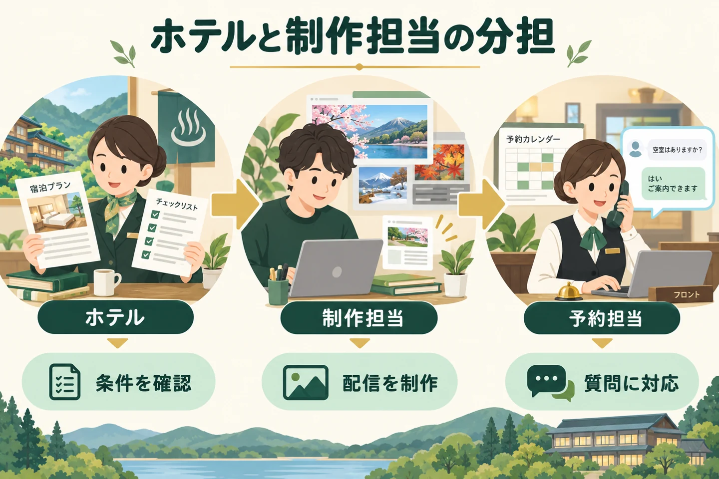 ホテルがプラン条件を確認し、制作担当が配信をつくり、予約担当が問い合わせに答える分担。架空の運用例。