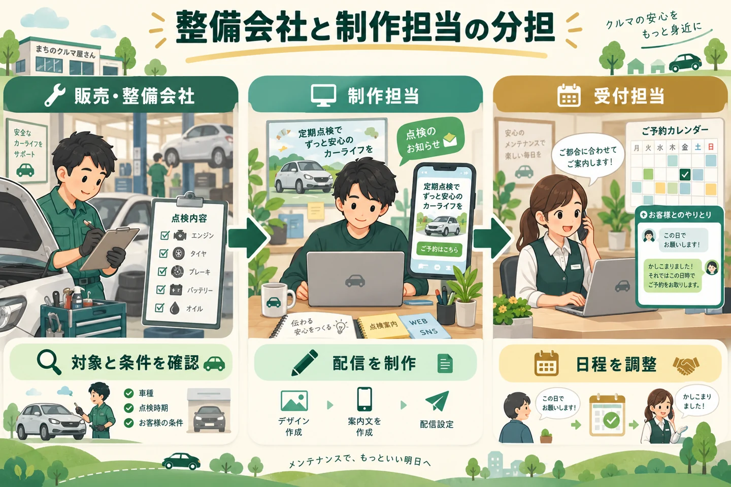 販売・整備会社が案内対象と条件を確認し、制作担当が配信をつくり、受付担当が日程を調整する分担。架空の運用例。