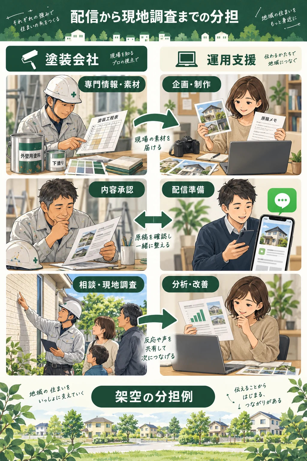 塗装会社が専門情報・承認・現地調査を担い、支援側が企画制作・配信準備・分析改善を担う架空例。