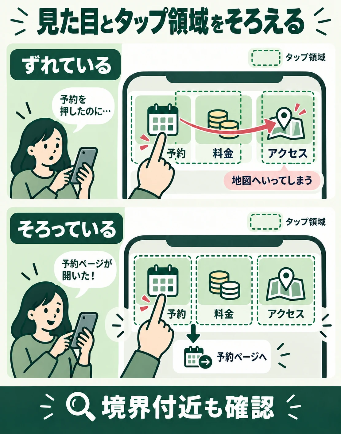 画像のボタンと実際のタップ領域をそろえ、意図した予約ページへ進める比較図